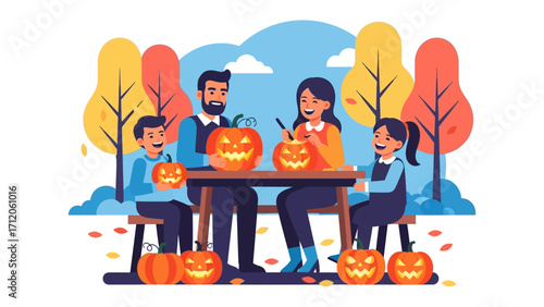 Family Carving Pumpkins for Halloween: A joyful family is gathered around a table in a vibrant park, enthusiastically carving pumpkins together.