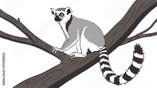 Ring-tailed Lemur sitting on a branch wildlife illustration vector art exotic animal primate cartoon style nature jungle forest zoo animal Madagascar animal print wildlife photography.