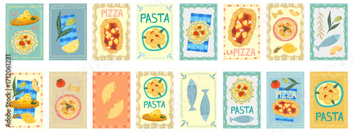 Big set food poster with pasta and pizza. Italian food poster. Kitchen postcard with Italian spaghetti, cheese and sardine