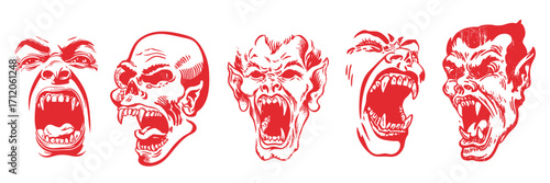 Halloween vampire head illustration set, vintage horror style sketch