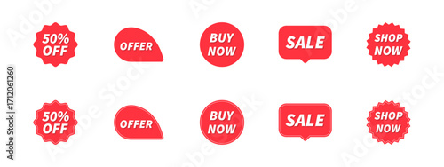 Sale banner or sticker icon set. Red banners and stickers with promotional messages, discounts, and sales. E-commerce, marketing, social media, websites, apps. Vector illustration.