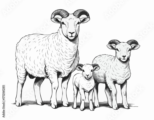 Sheep Ram Lamb family hand drawn sketch Vector illustration Farming