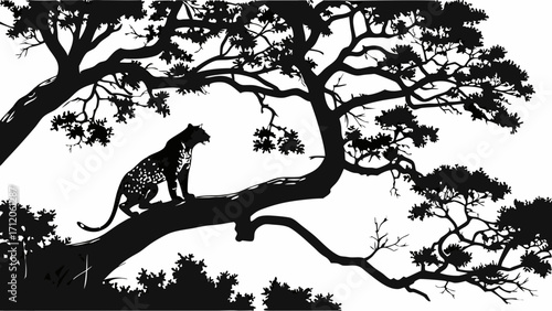 Spotted Cat Silhouette in Tree Branches Wildlife Nature Black and White Illustration.
