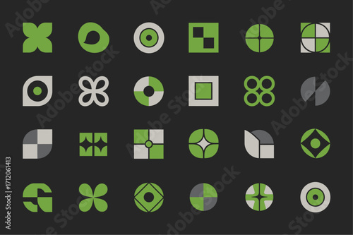 Abstract geometric symbol set featuring minimalist icons composed of basic shapes circles squares triangles lines flat vector concept modern isolated design elements perfect for branding app UX UI.