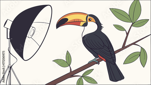 Studio Lighting Tropical Bird on Branch Wildlife Photography Illustration.