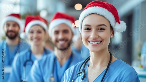Medical staff in scrubs wear Santa hats and smile warmly, capturing the joy of Christmas holiday celebrations in a healthcare setting