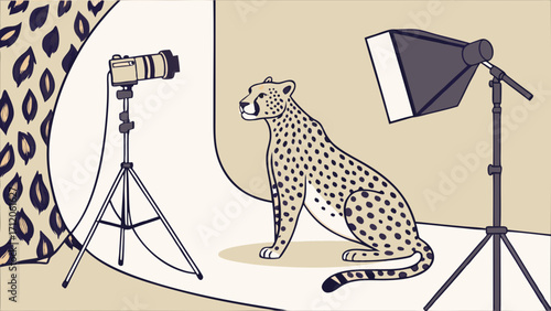 Studio Photography of a Spotted Cat Wildlife Photo Shoot Camera and Lighting Setup Animal Portrait Illustration.