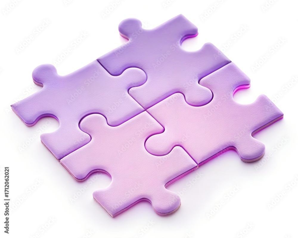 Obraz premium Four interlocking translucent purple and pink puzzle pieces forming a square on white connection solution