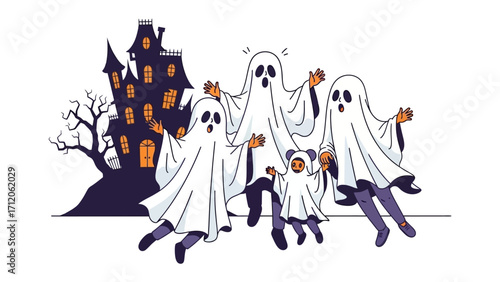 Spirited Halloween Gathering: A playful Halloween scene featuring an assortment of ghosts playfully frolicking, their spectral forms adding a whimsical touch, alongside a spooky haunted house.