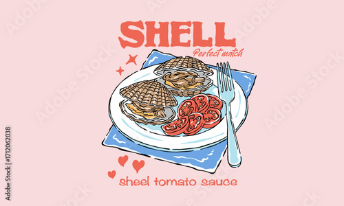 Vintage illustration of scallops on a plate with tomatoes. Retro seafood artwork with Perfect Match quote for t shirt print