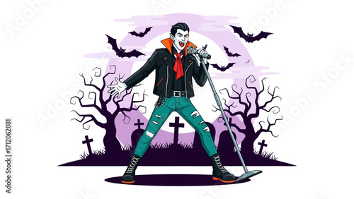 Rockstar Vampire: An illustrated rockstar vampire, with slicked-back hair, leather jacket, and stylish pants. Stands in front of an ominous Halloween scene.