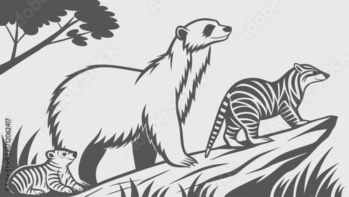 Stylized illustration of a mother bear and cub with a striped cat on a rock nature scene wildlife art.