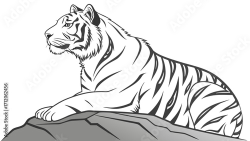 Stylized illustration of a tiger sitting on a rock wildlife art black and white design.