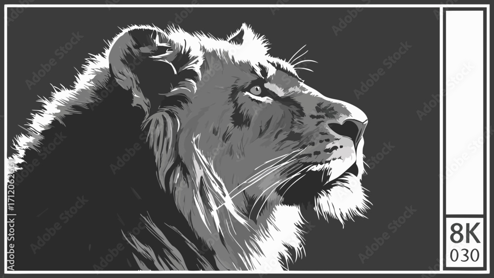 Obraz premium Stylized Monochrome Lion Portrait Majestic Big Cat Wildlife Art 8K Resolution.