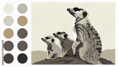 Stylized Meerkat Family Portrait Wildlife Art Animal Illustration Neutral Color Palette.