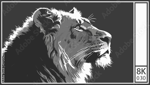 Stylized Monochrome Lion Portrait Majestic Big Cat Wildlife Art 8K Resolution.