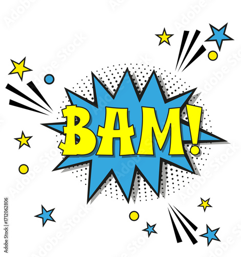 Comic lettering bam. Vector bright cartoon illustration in retro pop art style. Comic text sound effects. EPS 10.	
