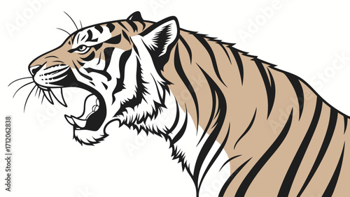 Stylized Tiger Head Roar Wild Cat Profile Vector Illustration Big Cat Design Wildlife Art Animal Graphic Predator Image Feline Portrait Stripes Teeth Jungle Animal Powerful Animal Ang.