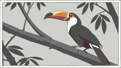 Stylized Toucan Bird Perched on Branch in Forest Setting Tropical Bird Illustration Wildlife Art.