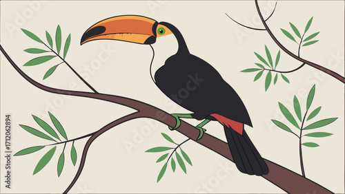 Stylized Toucan Bird on Branch with Green Leaves Illustration.
