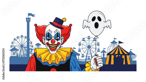 Clown with Ghost Balloon in Carnival: A vividly rendered cartoon clown with a menacing smile, holding a ghost-shaped balloon amid the lively atmosphere of a carnival.