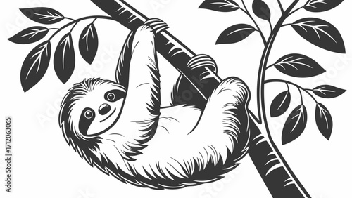 Three-toed Sloth Hanging on Tree Branch Monochrome Illustration Wildlife Animal Clipart.