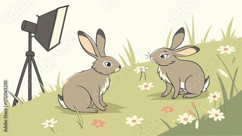 Two rabbits posing for a photoshoot in a field of flowers with a studio light setup.