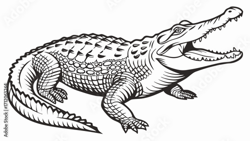 Vector illustration of a roaring alligator reptile wild animal line art black and white graphic design wildlife predator nature zoology fauna drawing sketch monochrome vintage style.