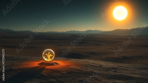 A single resilient microbe glowing with internal light on a desolate alien landscape under a strange sun.