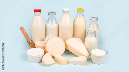 An artistic arrangement of fresh dairy products including milk, cheese, and yogurt.