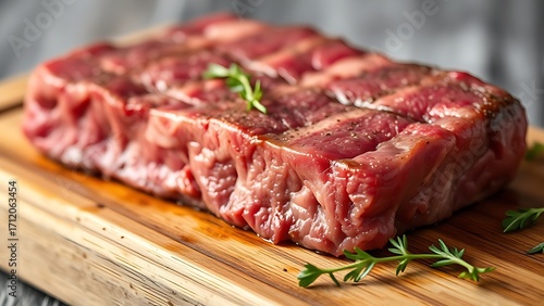 Close-up of raw beef on a wooden surface, showcasing freshness and culinary appeal.