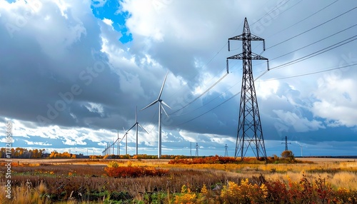 Realistic imagery of renewable energy infrastructure: wind turbines, solar parks and sustainable power solutions in autumn landscapes. Ideal for themes of sustainability, climate change, innovation an