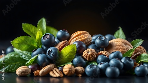 A vibrant still life of blueberries, nuts, and greens glowing against a dark background.