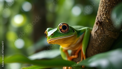 Close-up portrait of a vibrant green tree frog in its lush rainforest habitat.