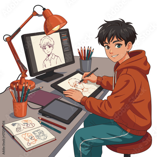 Young artist drawing digital portrait with stylus on tablet in cozy studio, creating expressive character art