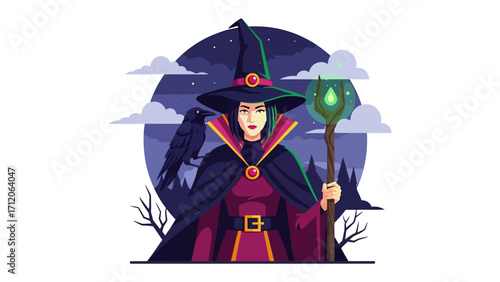 Mystic Witch Portrait: A captivating illustration portrays a witch of mystery, standing proud with a raven perched on her shoulder, and a staff, showcasing her arcane authority.