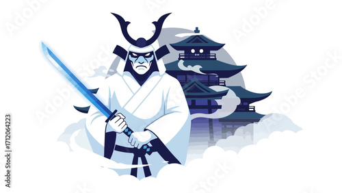 Warrior Samurai: This dynamic illustration showcases a stoic samurai warrior, poised with his gleaming katana before the backdrop of an ancient Japanese castle, evoking strength, honor.