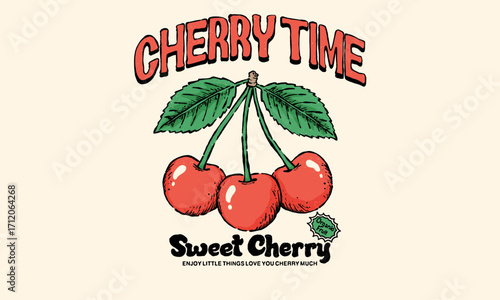 Retro artwork of three sweet cherries. Vintage fruit illustration with Cherry Time text for t shirt print, sticker