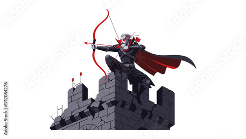 Guardian Archer on Watch: A solitary figure, garbed in dramatic attire, stands poised atop an ancient stone structure, drawing back their bow with practiced skill, ever watchful.