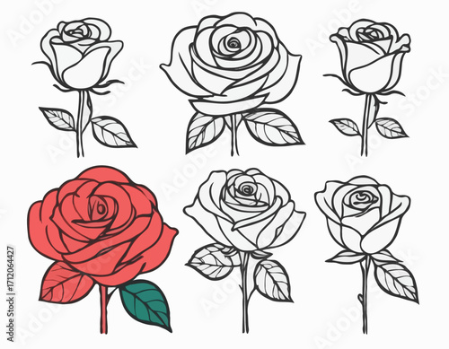 Set of roses sketch hand drawn in doodle style illustration