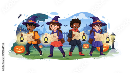 Halloween Expedition: A group of young children, dressed as witches, embark on an exciting Halloween night adventure, navigating with maps. A scene of thrilling quest and adventure.