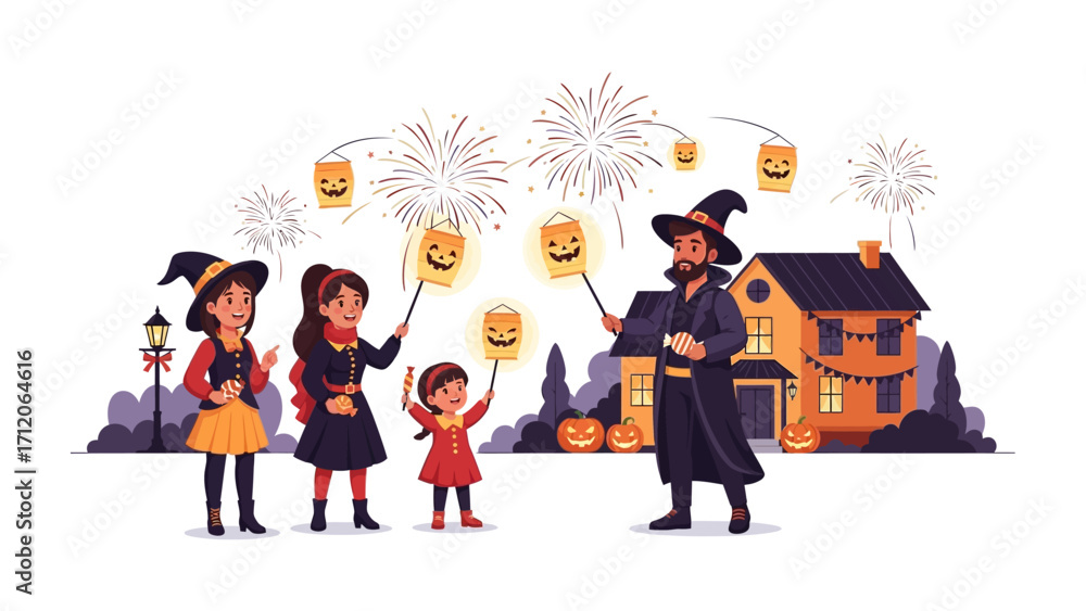 Obraz premium Halloween Family Gathering: A whimsical illustration depicting a family gathering on Halloween night. Children dressed in festive costumes and holding pumpkin masks.