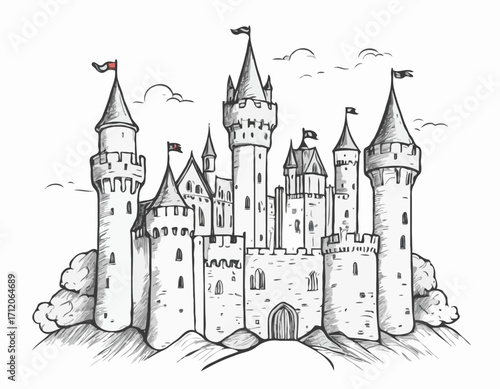 Castle middle ages sketch hand drawn illustration