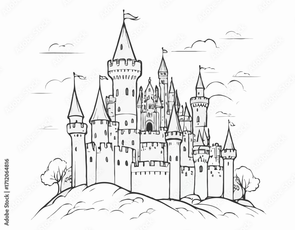 Obraz premium Castle middle ages sketch hand drawn illustration
