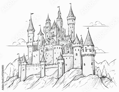 Castle middle ages sketch hand drawn illustration