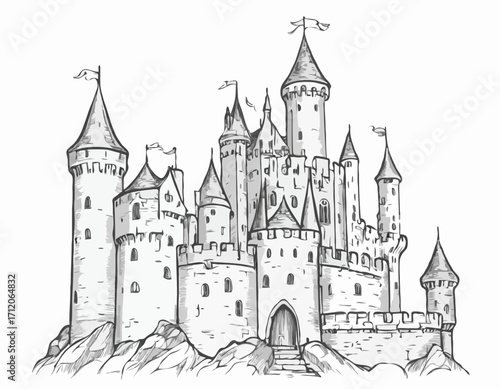 Castle middle ages sketch hand drawn illustration