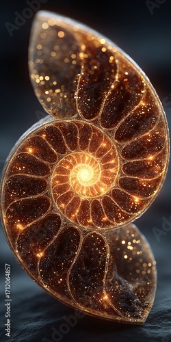 A breathtaking golden spiral, intricately detailed with sparkling light particles, embodying the elegant geometry of nature and the profound mystery of the cosmos