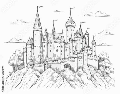 Castle middle ages sketch hand drawn illustration