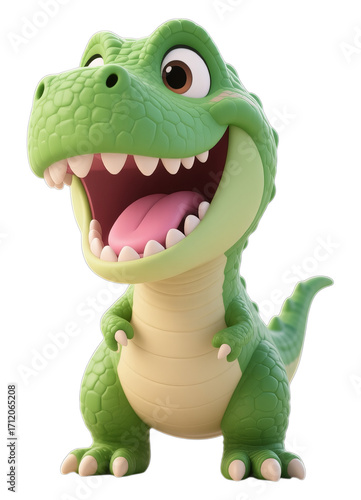 Green Dinosaur with Open Mouth, 3D Realism Illustration with Transparent Background