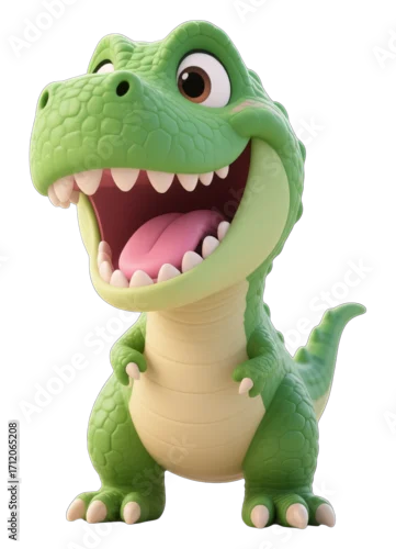 Fototapeta Green Dinosaur with Open Mouth, 3D Realism Illustration with Transparent Background
